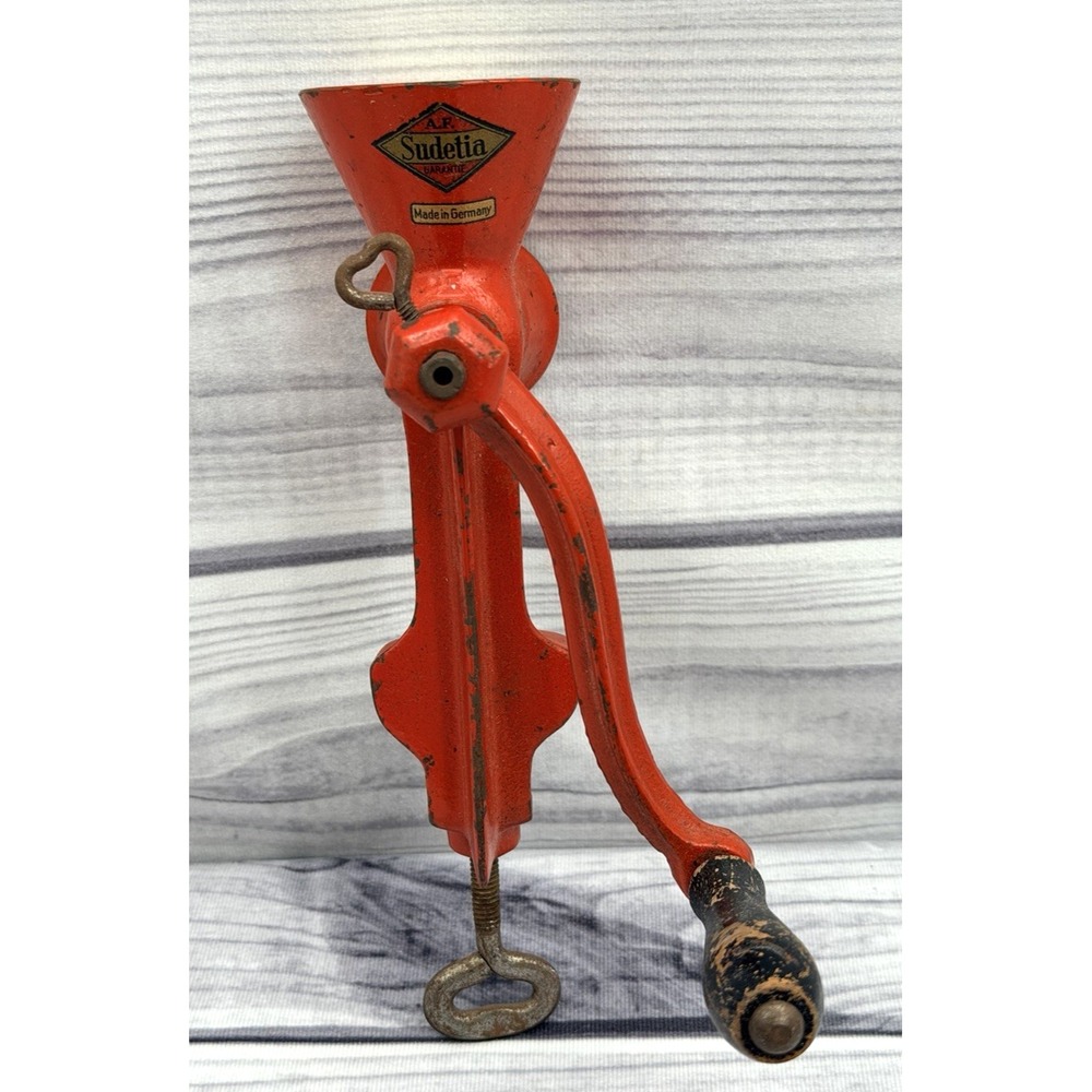 A. F. Sudetia Garantie Red Enameled Hand Operated Heavy Duty Manual Meat Grinder